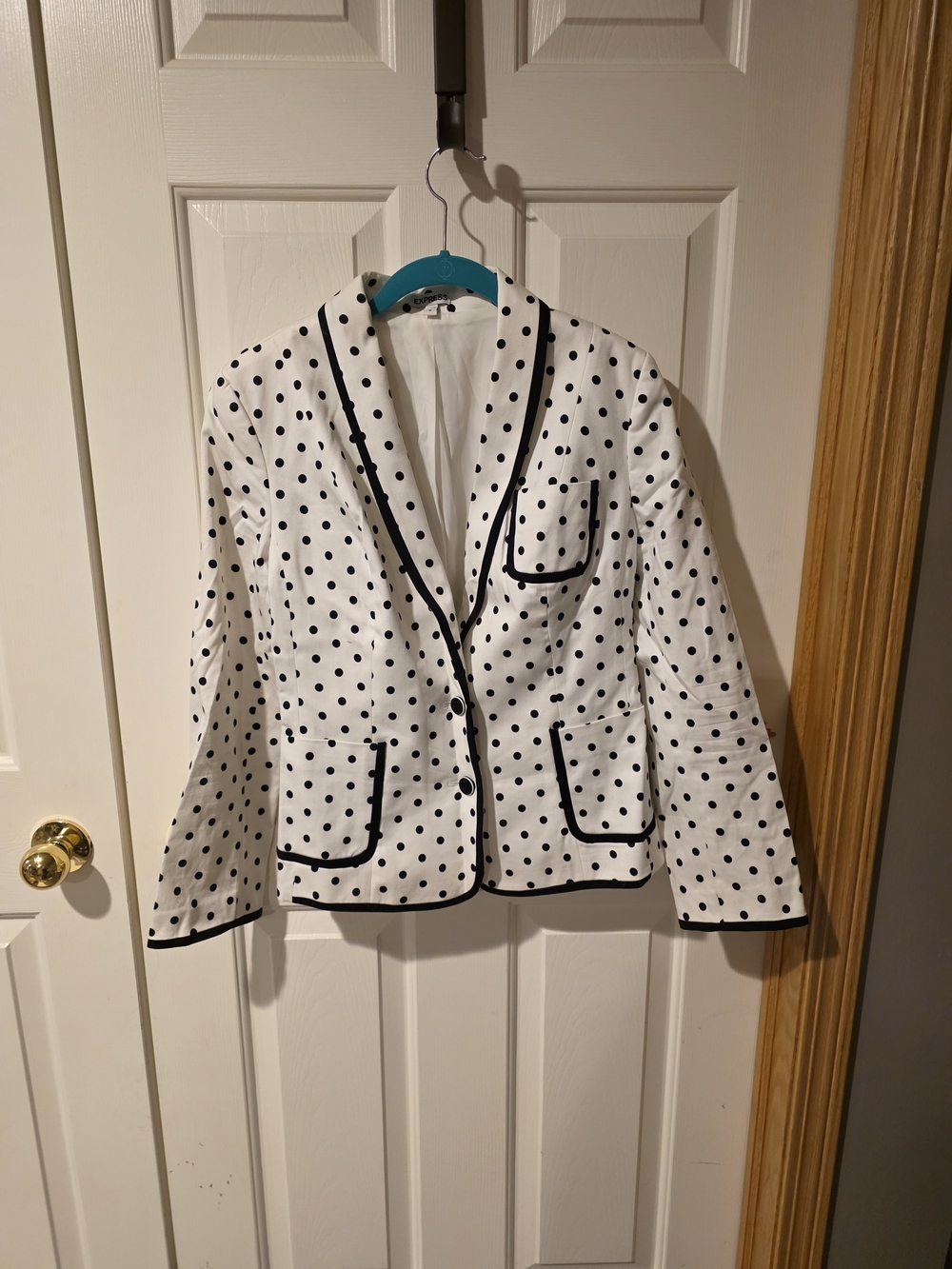 Express White Blazer with Black Polka Dots and Black Trim